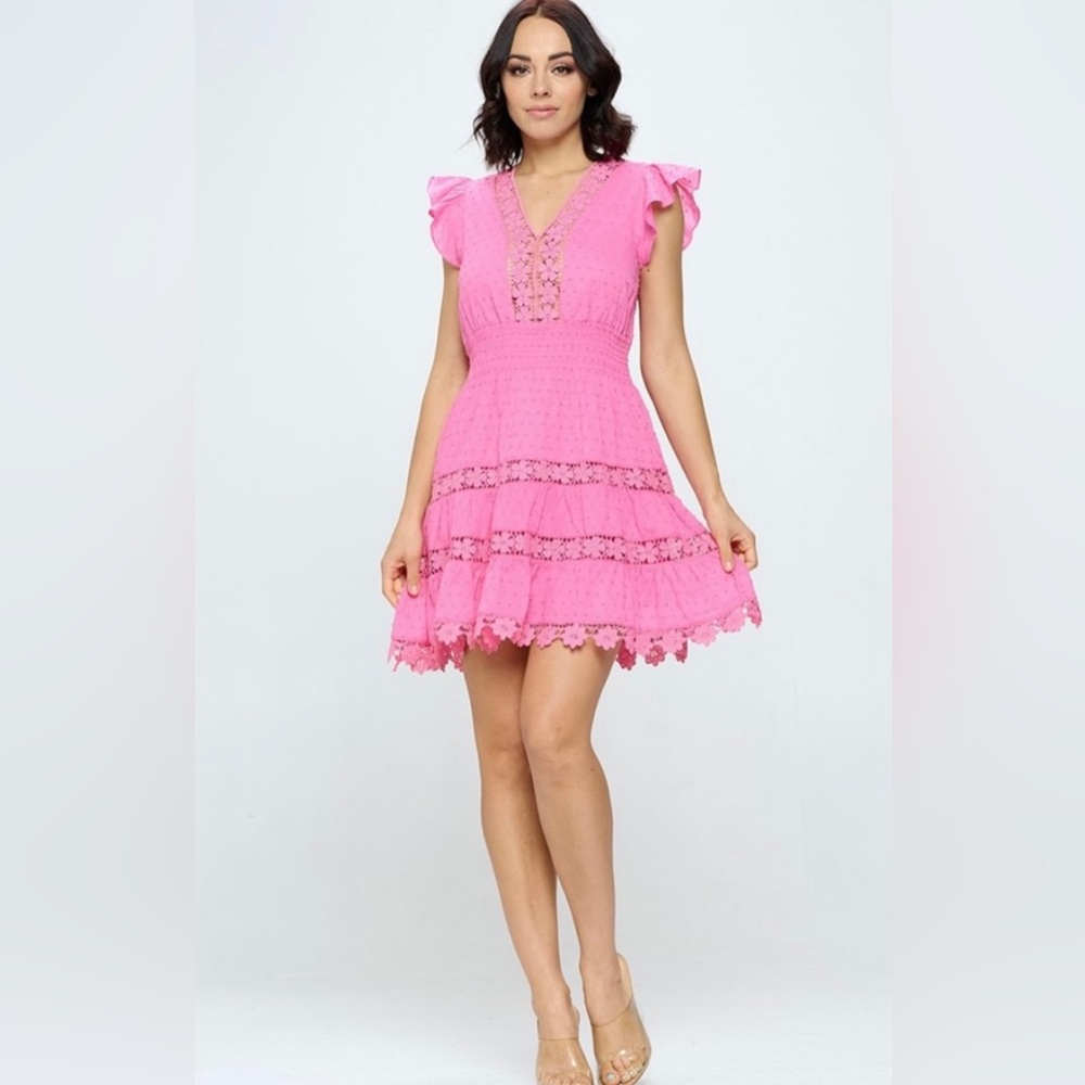 Crochet Lace Tiered Ruffle Mini Dress - NEW